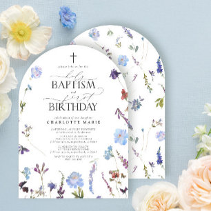 Dusty Blue Wildflowers Holy Baptism & 1st Birthday Invitation