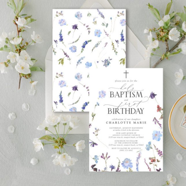 Dusty Blue Wildflowers Holy Baptism & 1st Birthday Invitation (Easily personalize this baptism and first birthday invite with your personal details.)