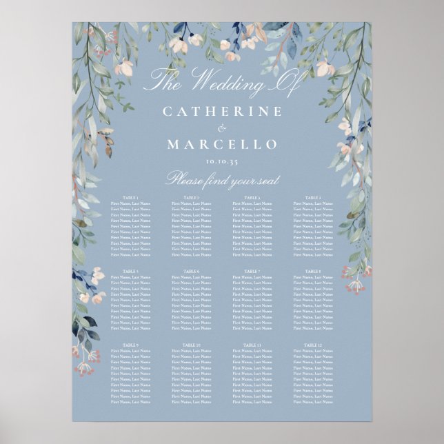 Dusty Blue Wildflowers Wedding Seating Plan Chart (Front)