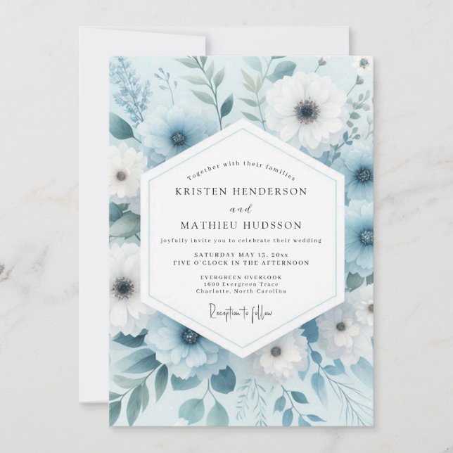 Dusty Blue Winter Bloom Wedding Invitation (Front)