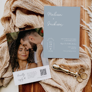 Dusty Blue Winter Boho Minimalist Wedding QR Code Invitation