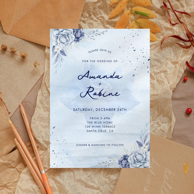 Dusty Blue Winter Floral Wedding Invitation (Creator Uploaded)