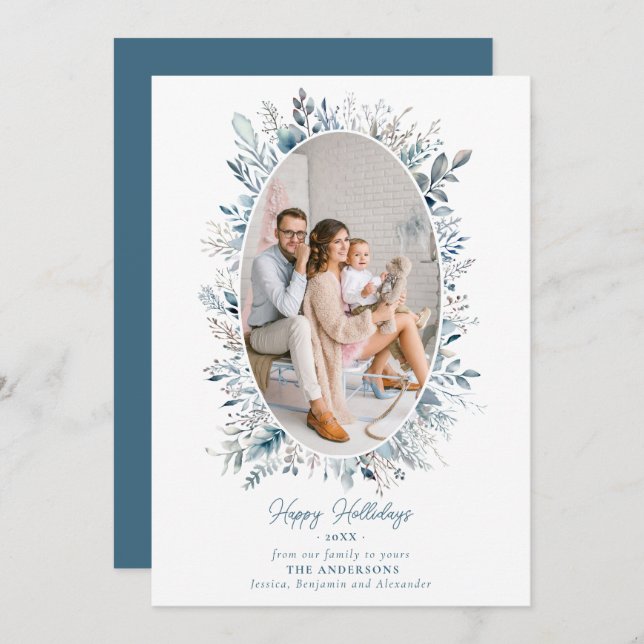 Dusty Blue Winter Foliage Wreath Family Photo Chic Holiday Card (Front/Back)