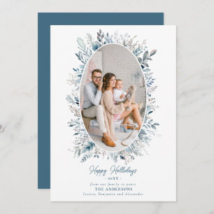 Dusty Blue Winter Foliage Wreath Family Photo Chic Holiday Card