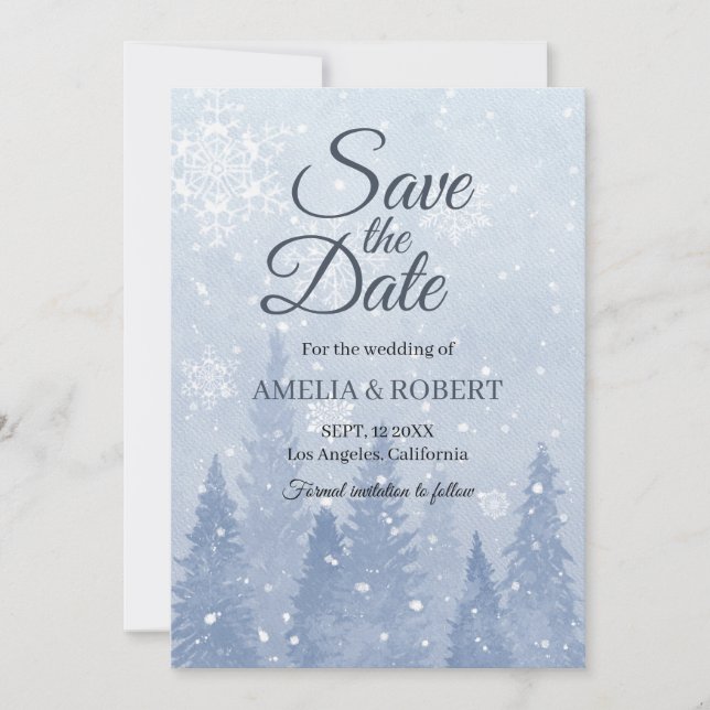 Dusty Blue Winter Scene Save The Date (Front)