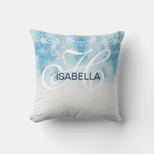 Dusty Blue Winter Script Calligraphy Monogram Cushion