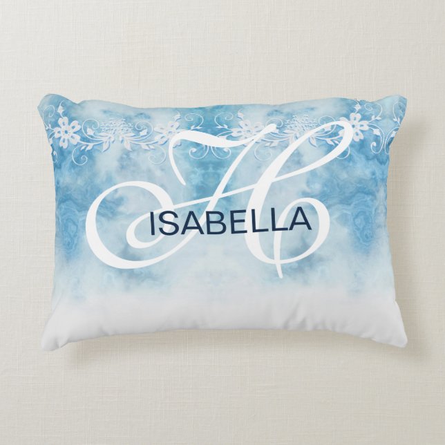 Dusty Blue Winter Script Calligraphy Monogram Decorative Cushion (Front)