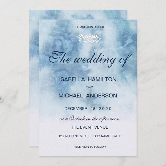 Dusty Blue Winter Script Calligraphy White Branch Invitation (Front/Back)