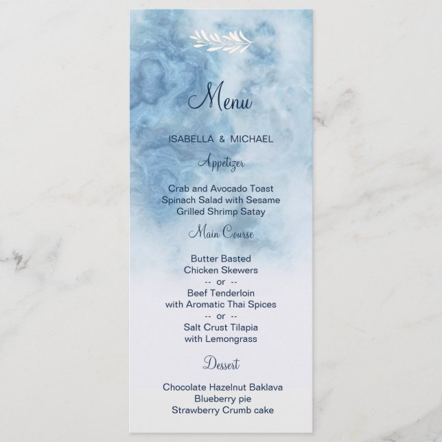 Dusty Blue Winter Script Calligraphy White Branch Menu (Front)