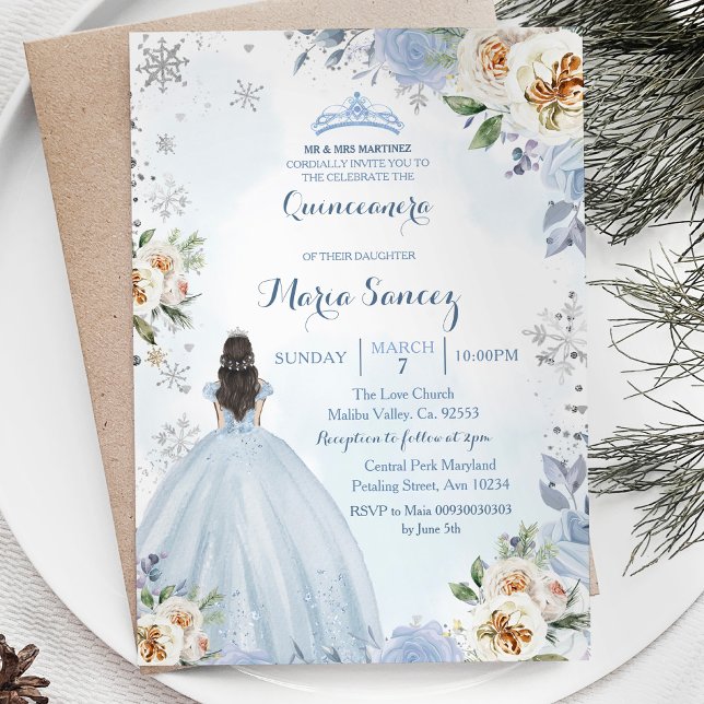 Dusty Blue Winter Season Floral Mis Quince Invite (Creator Uploaded)
