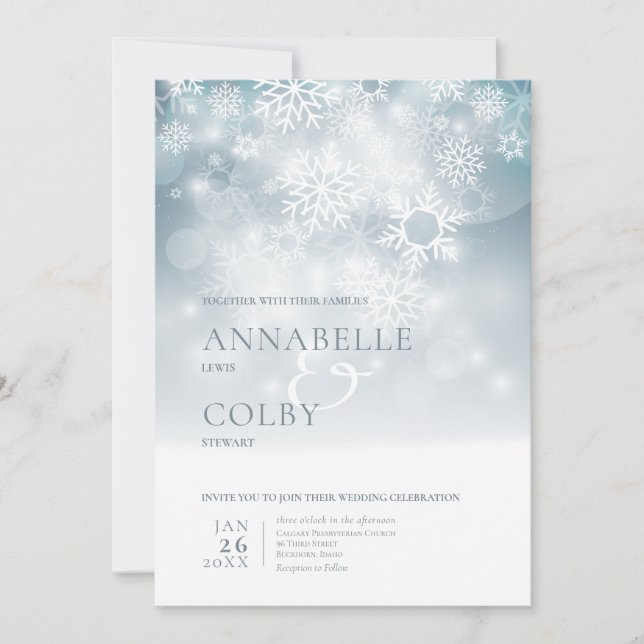 Dusty Blue Winter Snow Modern Wedding Invitation (Front)