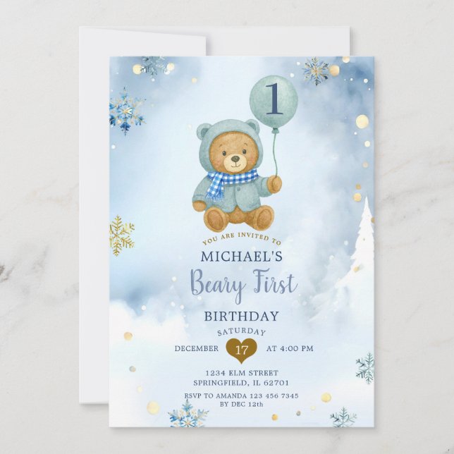 Dusty Blue Winter Snowflake Beary First Birthday  Invitation (Front)