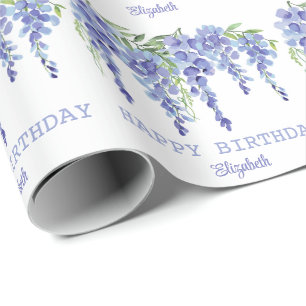 Dusty Blue Wisteria Floral Happy Birthday Wrapping Paper