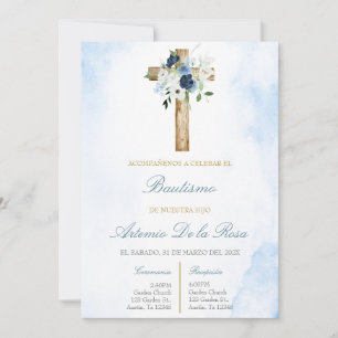 Dusty blue with cross baptism  invitation
