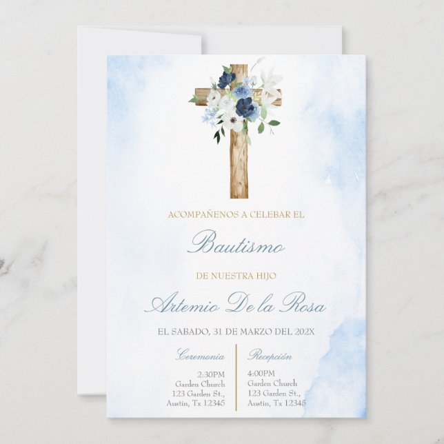 Dusty blue with cross baptism  invitation (Front)