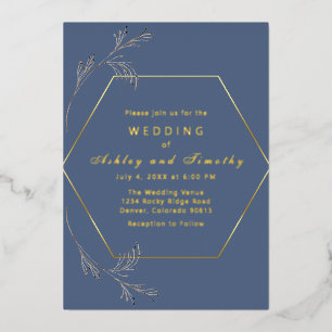 Dusty Blue with Gold Foil Wedding Invitation