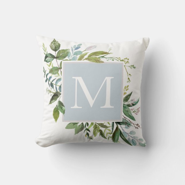Dusty Blue with Greenery Monogram Cushion (Front)