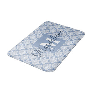Dusty Blue with Lace Damask Monogram & Name Bath Mat