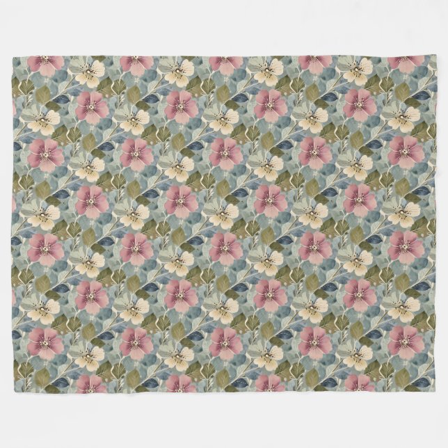 Dusty Blue with Mauve and White Flowers Fleece Blanket (Front (Horizontal))