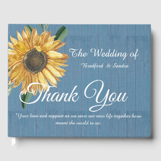 Dusty Blue Wood Sunflower Wedding Thank you  Guest Book