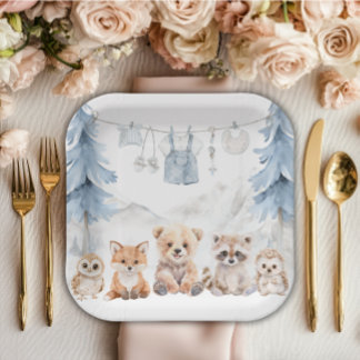 Dusty Blue Woodland Adventure Awaits Baby Shower Paper Plate