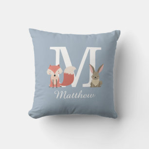 Dusty Blue Woodland Animals Monogram Initial Cushion