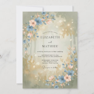 Dusty Blue Woodland Bloom Wedding Invitation