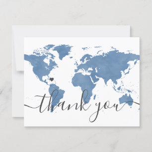 Dusty Blue World Map and Beach Wedding Photo Thank You Card