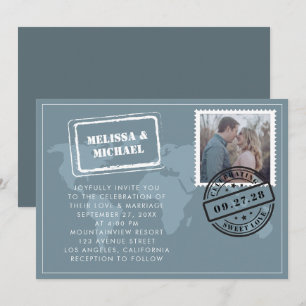 Dusty Blue World Map Destination Wedding Photo Invitation