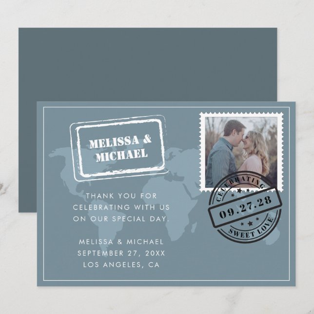 Dusty Blue World Map Destination Wedding Photo Thank You Card (Front/Back)