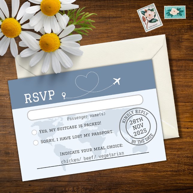 Dusty Blue World Map Destination Wedding RSVP Card (Creator Uploaded)