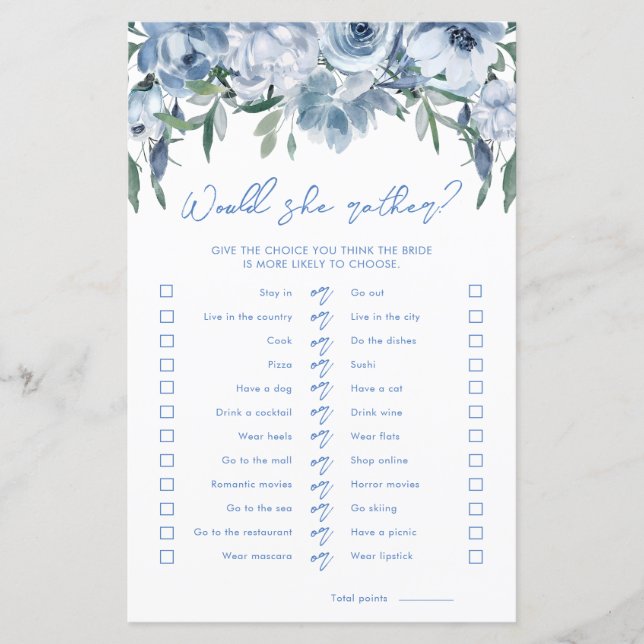 Dusty Blue Would She Rather Bridal Shower Game (Front)