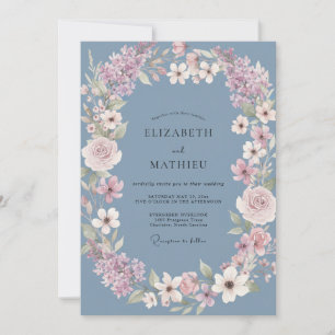 Dusty Blue Wreath Bloom Wedding Invitation