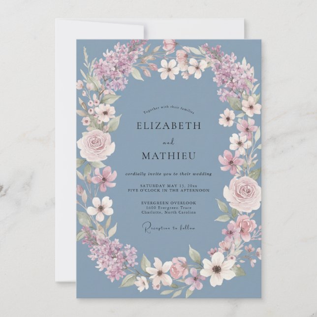 Dusty Blue Wreath Bloom Wedding Invitation (Front)