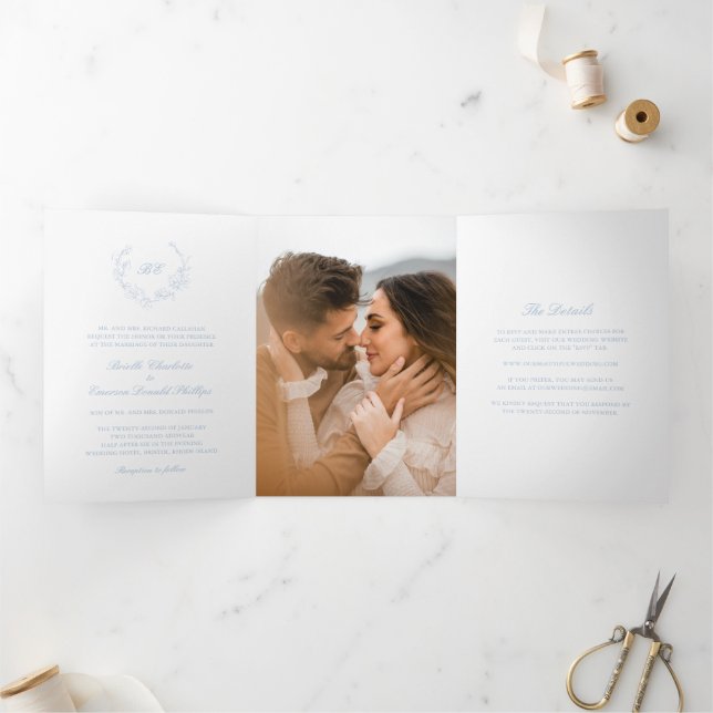 Dusty Blue Wreath Monogram Elegant Wedding Tri-Fold Invitation (Inside)