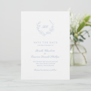Dusty Blue Wreath Monogram Photo Elegant Wedding Save The Date