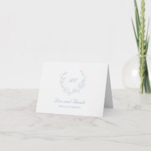 Dusty Blue Wreath Monogram Photo Elegant Wedding Thank You Card