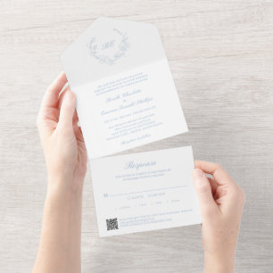 Dusty Blue Wreath Monogram QR Code Elegant Wedding All In One Invitation