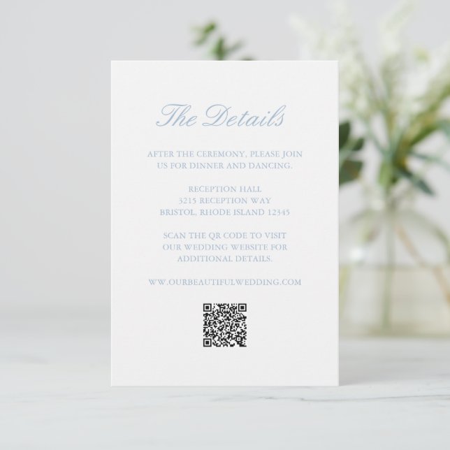 Dusty Blue Wreath Monogram QR Code Elegant Wedding Enclosure Card (Standing Front)