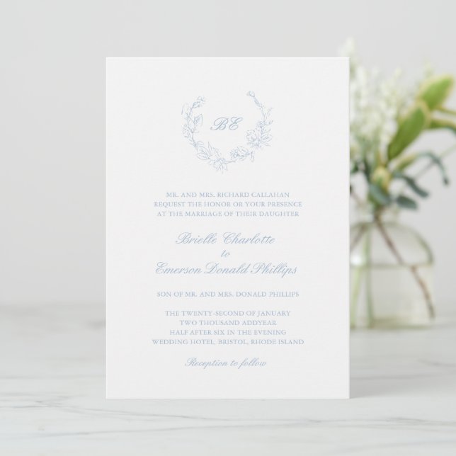 Dusty Blue Wreath Monogram QR Code Elegant Wedding Invitation (Standing Front)