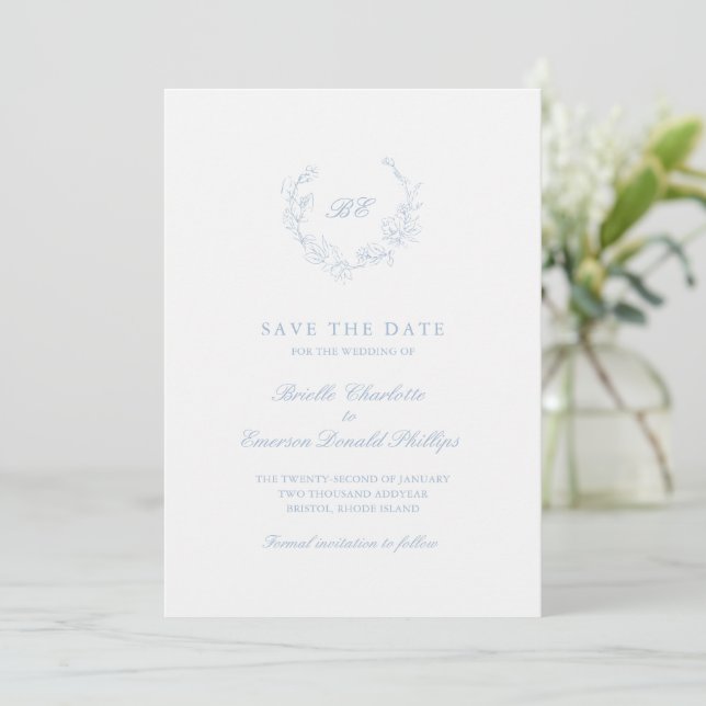 Dusty Blue Wreath Monogram QR Code Elegant Wedding Save The Date (Standing Front)
