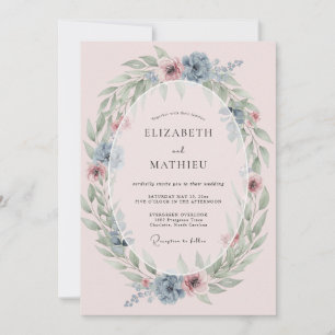 Dusty Blue Wreath Romance Wedding Invitation
