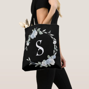 Dusty Blue Wreath Script Initial Monogram Black Tote Bag