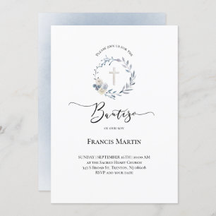 dusty blue wreath watercolor Bautizo Invitation