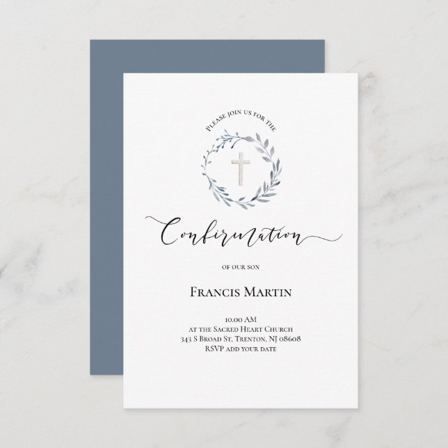 dusty blue wreath watercolor Confirmation Invitation (Front/Back)