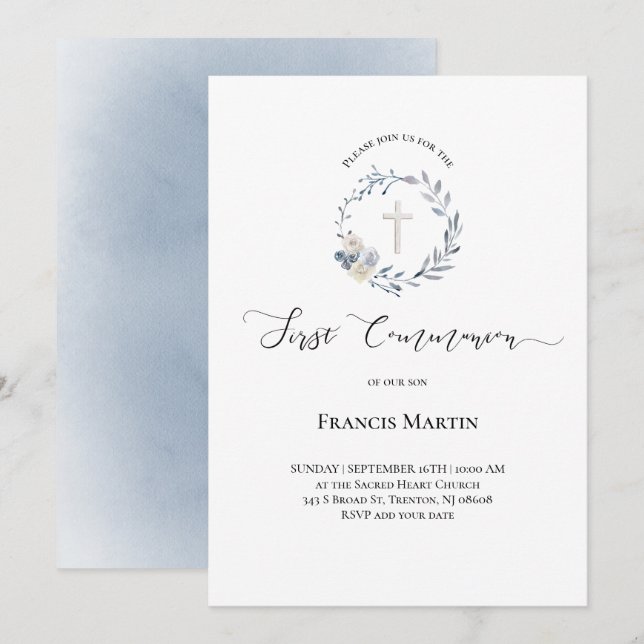 dusty blue wreath watercolor First Holy Communion Invitation (Front/Back)