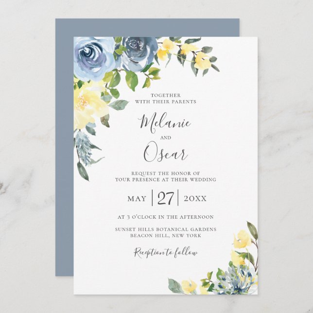 Dusty Blue & Yellow Botanical Floral Wedding Invitation (Front/Back)