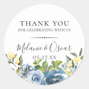 Dusty Blue Yellow Botanical Wedding Favour Classic Round Sticker
