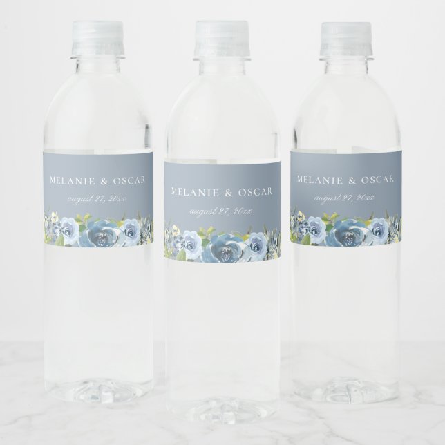 Dusty Blue Yellow Botanical Wedding Water Bottle L Label (Bottles)