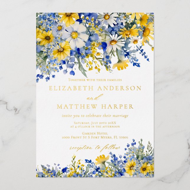 Dusty Blue Yellow Daisy Wildflowers Boho Wedding (Front)